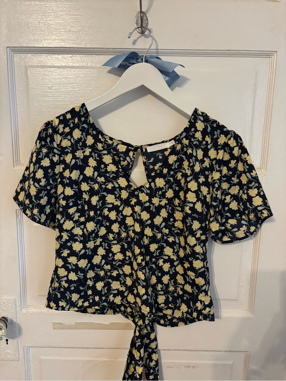 Women's Navy Floral Tie-Back Top - Yellow and Navy Floral Print